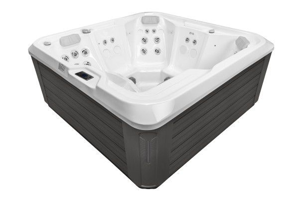 Angled view of Luso Spas The EQ360 Plug & Play Hot Tub in white acrylic with ergonomic seating and jet layout on a transparent background.