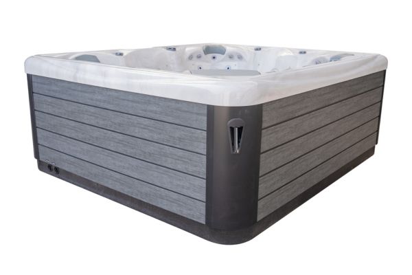 Side exterior view of the Luso Spas The Maximus 2 Hot Tub with white interior and grey panels, on a white background.