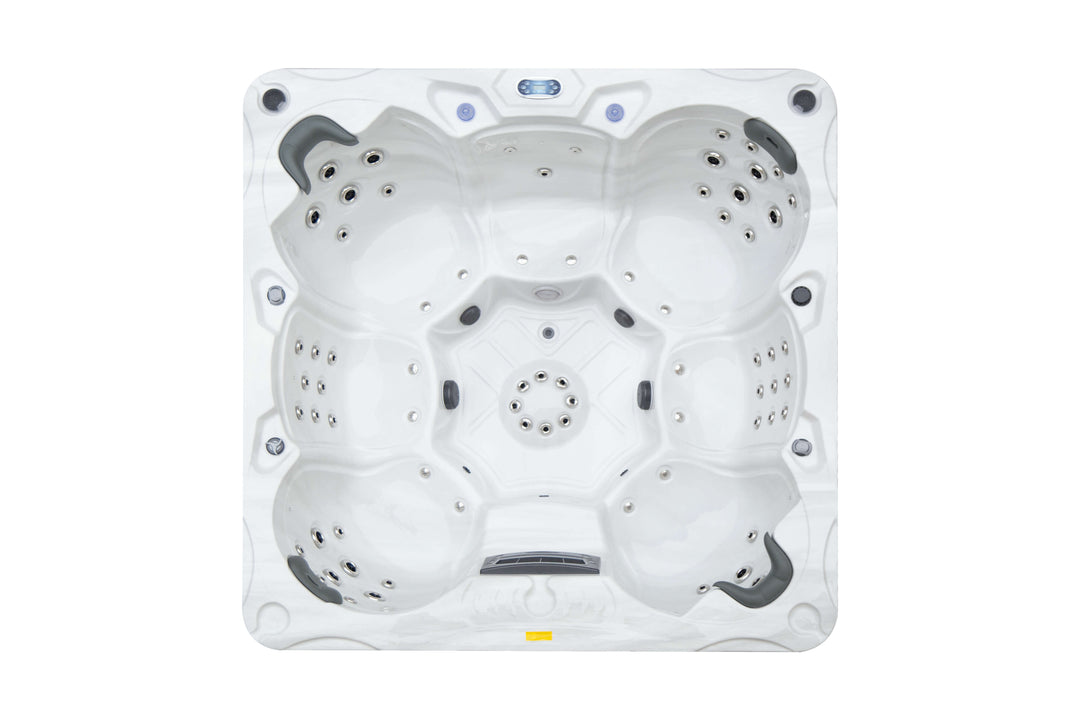 Top-down view of the Luso Spas Miami Hot Tub interior highlighting seating and jet arrangement, on a white background.

