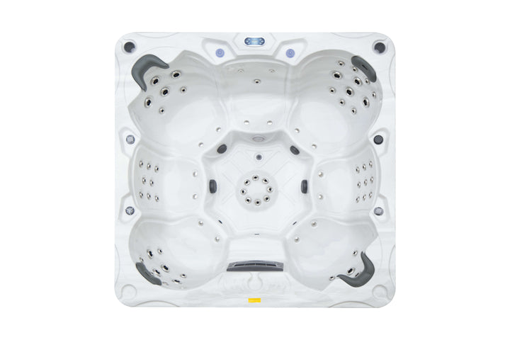 Top-down view of the Luso Spas Miami Hot Tub interior highlighting seating and jet arrangement, on a white background.

