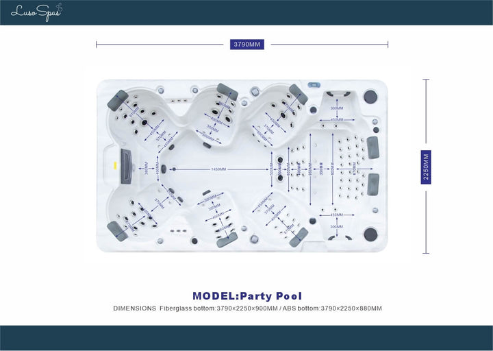Dimensional schematic of the Luso Spas The Party Pool Hot Tub on a white background with labeled seat and interior measurements.