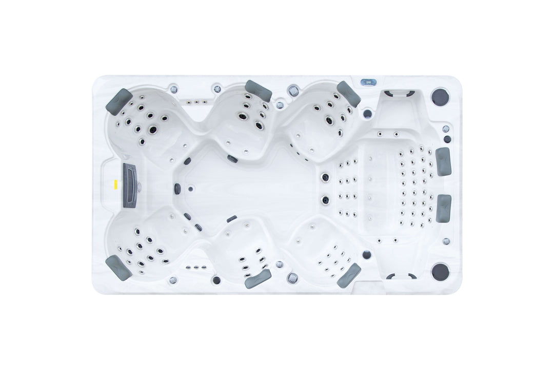 Top-down view of the Luso Spas The Party Pool Hot Tub on a white background, showing seating layout and jet placement.