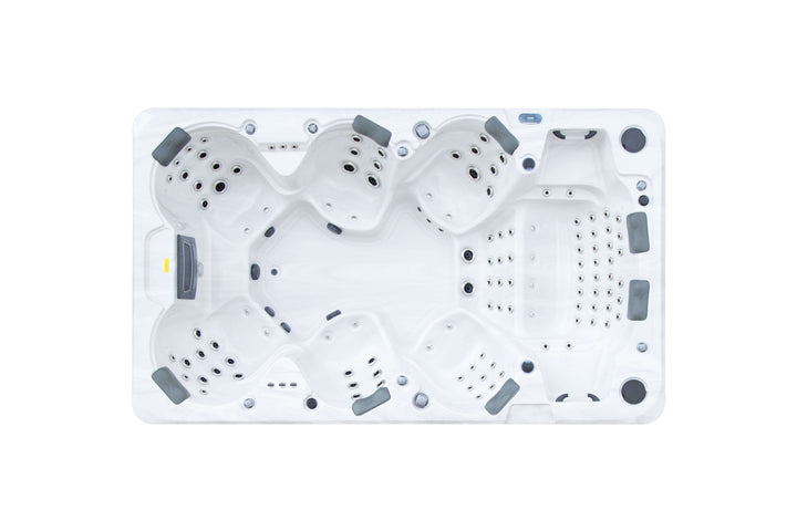 Top-down view of the Luso Spas The Party Pool Hot Tub on a white background, showing seating layout and jet placement.