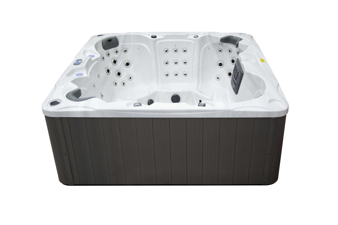 Back view of the Luso Spas Miami Hot Tub showing seating layout and control panels, on a white background.