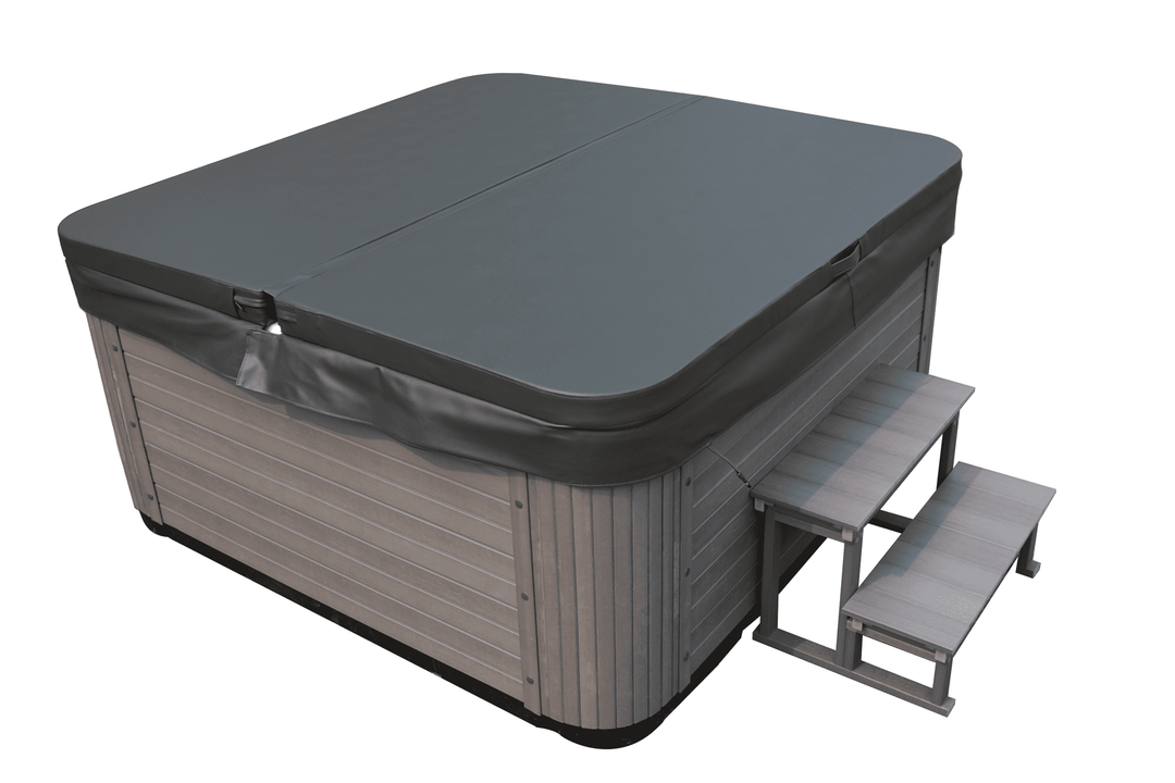 Corner view of Luso Spas The Opal Plug & Play Hot Tub in white acrylic with grey panel exterior on a white background.