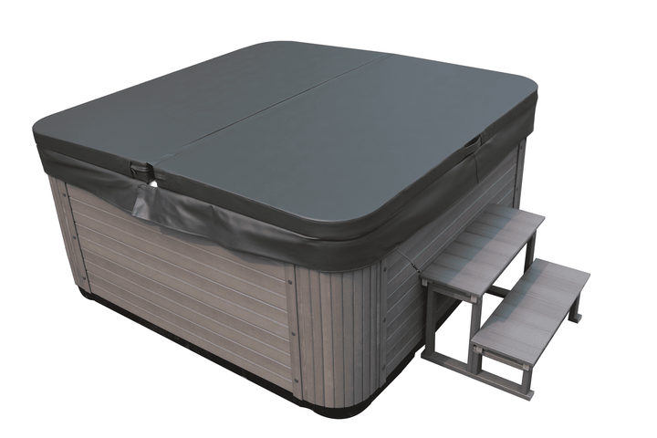 Corner view of Luso Spas The Opal Plug & Play Hot Tub in white acrylic with grey panel exterior on a white background.