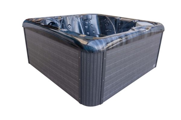 Side angle of Luso Spas The Platinum 2 Hot Tub in black marble finish with grey exterior panels on a white background.