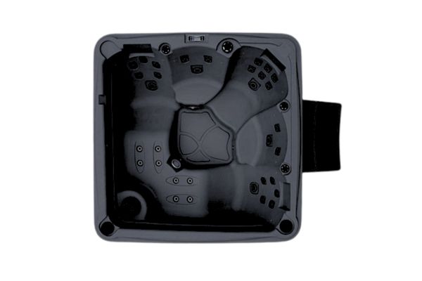 Overhead view of Luso Spas The Rota Laguna Hot Tub in black finish showing ergonomic seating and jet arrangement on a white background.