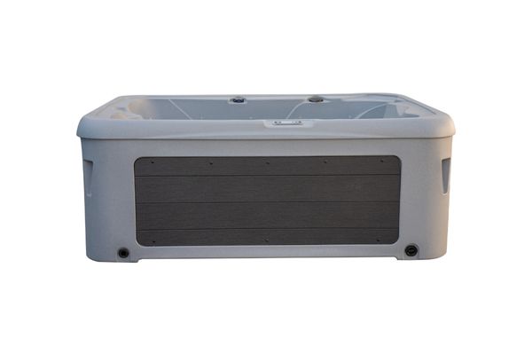 Straight side view of Luso Spas The Rota Triad Hot Tub showing grey exterior panelling and compact rectangular design on a white background.