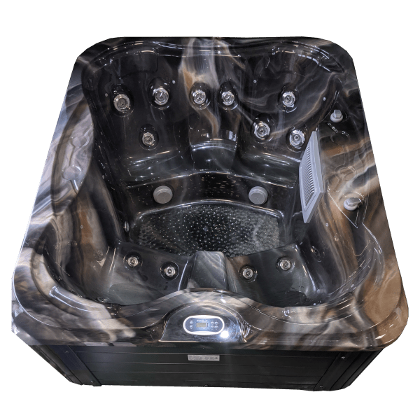Close-up view of Luso Spas Sunbeach SB344S Hot Tub in black marble finish showing jet layout, ergonomic seating, and Balboa control panel, on a transparent background.