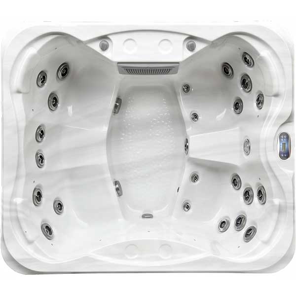 Overhead view of Luso Spas Sunbeach SB344S Hot Tub in white acrylic design with two loungers and multiple hydrotherapy jets, on a white background.

