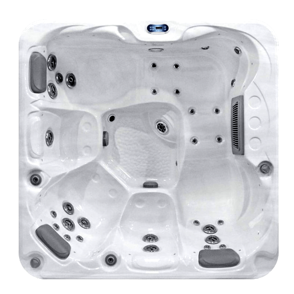 Overhead view of Luso Spas Sunbeach SB348DL Hot Tub in white acrylic finish highlighting ergonomic seats, hydrotherapy jet placement, and built-in filter area, on a transparent background.