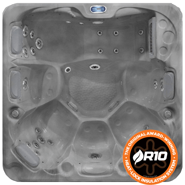 Top-down view of Luso Spas Sunbeach SB349L Hot Tub in black marble finish featuring ergonomic seats, hydrotherapy jets, and R10 Heat Lock Insulation System badge.