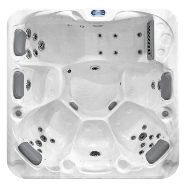 Overhead view of Luso Spas Sunbeach SB349L Hot Tub in white acrylic finish highlighting seating layout, hydrotherapy jets, and built-in filtration area.
