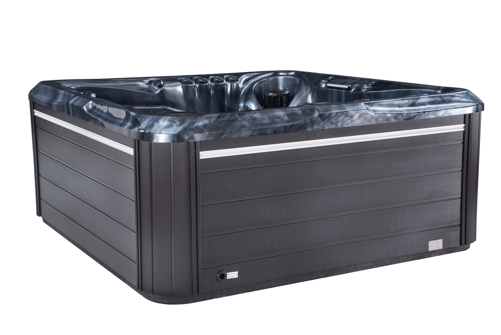 Side angled view of Luso Spas The 7000 Hot Tub with dark blue marble-effect shell and black exterior panels on a white background.