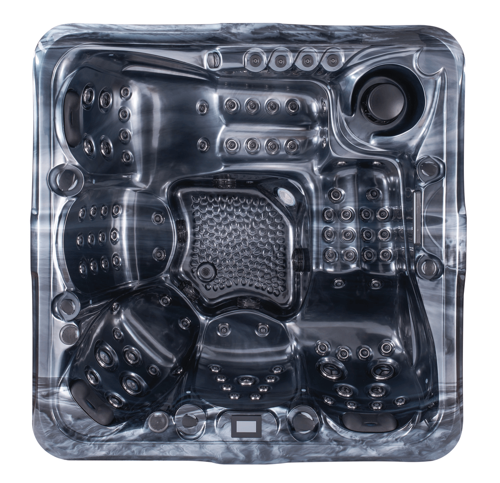 Overhead view of Luso Spas The 7000 Hot Tub in dark marble finish featuring full jet layout and contoured seats on a white background.
