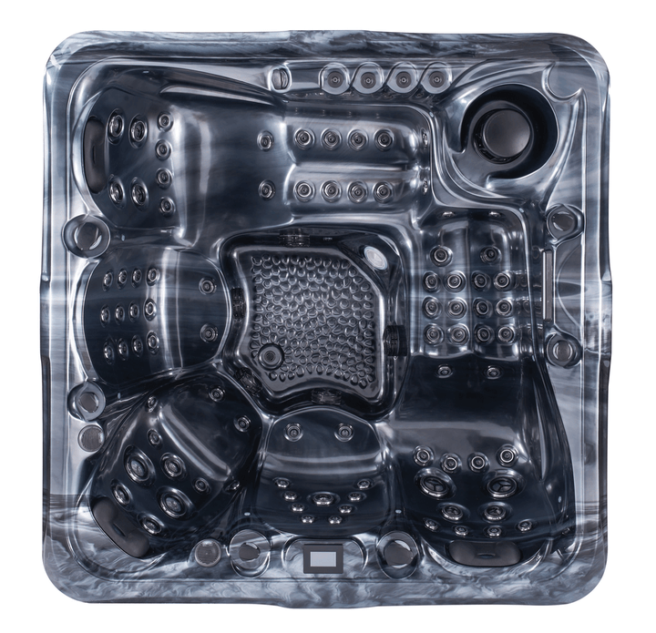 Overhead view of Luso Spas The 7000 Hot Tub in dark marble finish featuring full jet layout and contoured seats on a white background.