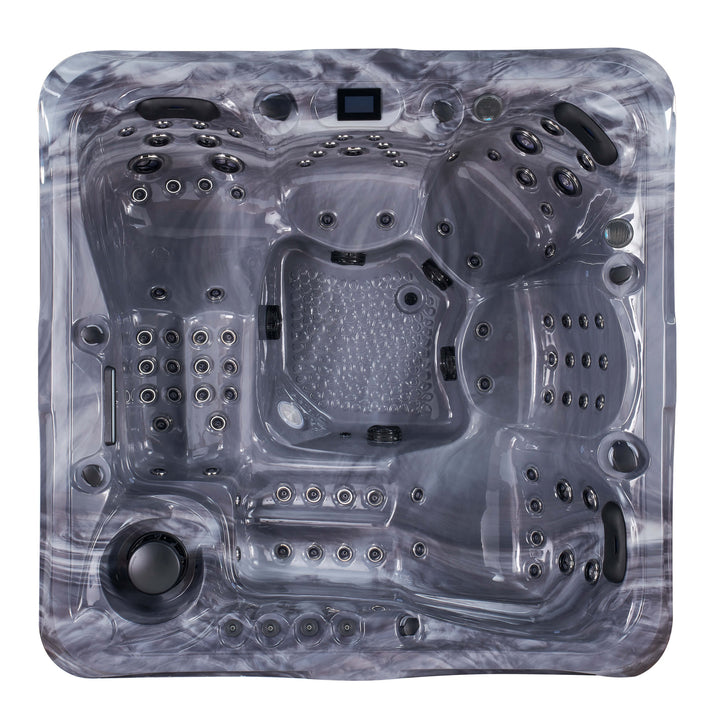 Top-down view of Luso Spas The 7000 Hot Tub interior in grey marble finish with 91 stainless steel jets and LED control panel, on a white background.