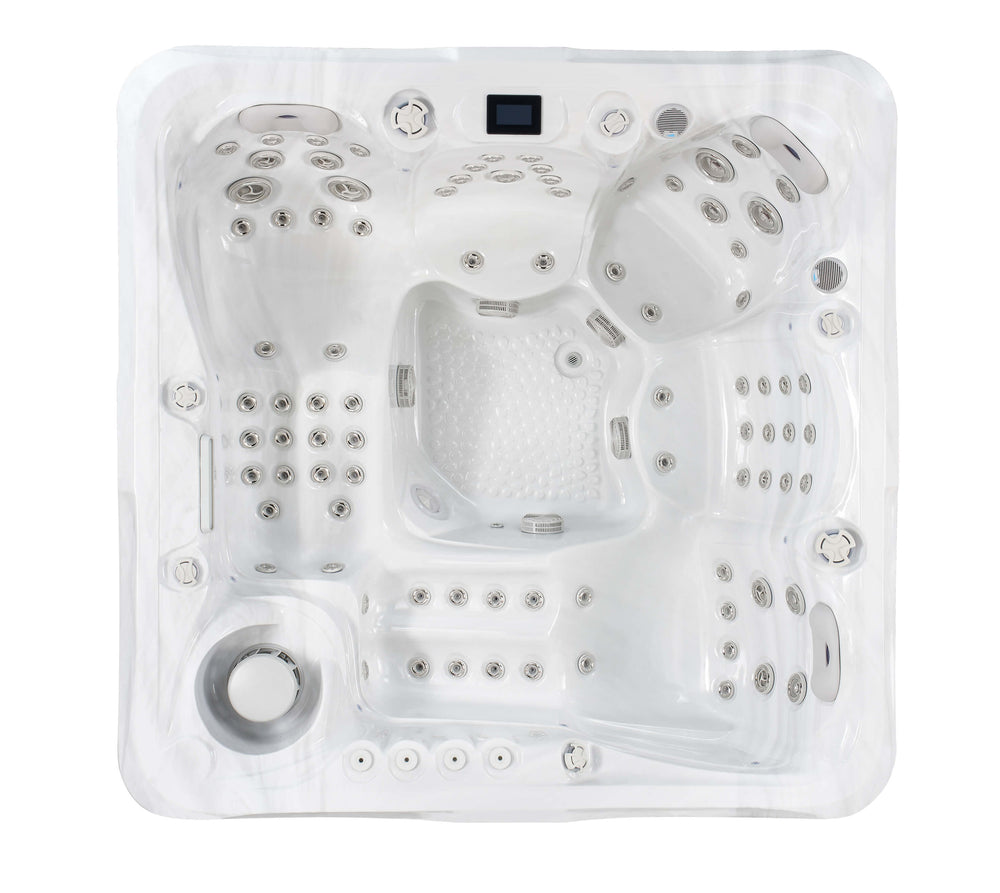 Top-down view of Luso Spas The 7000 Hot Tub in white acrylic finish with multiple hydrotherapy jets and ergonomic seating, on a white background.