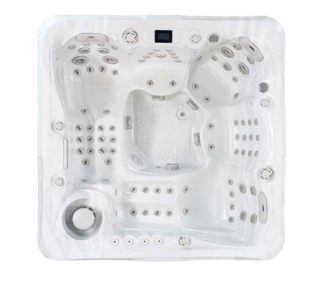 Top-down view of Luso Spas The 7000 Hot Tub in white acrylic finish with multiple hydrotherapy jets and ergonomic seating, on a white background.