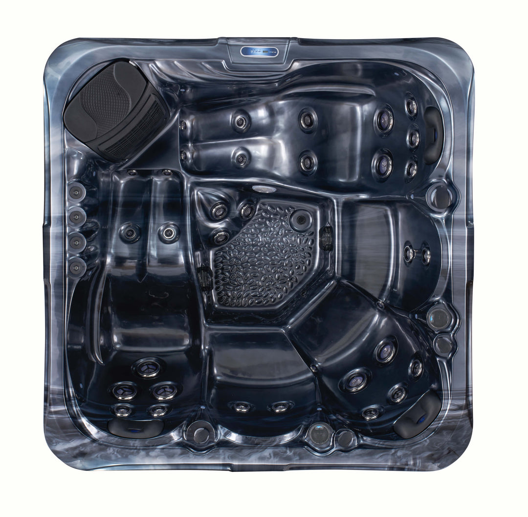 Top-down view of Luso Spas The Aquarius Plug & Play Hot Tub in glossy black finish showing ergonomic seating and jet placement on a white background.