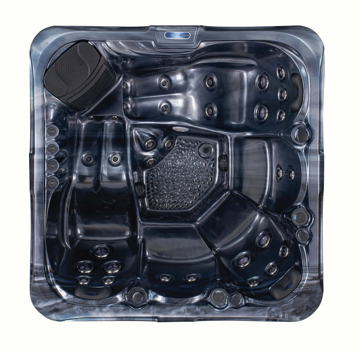 Top-down view of Luso Spas The Aquarius Plug & Play Hot Tub in glossy black finish showing ergonomic seating and jet placement on a white background.