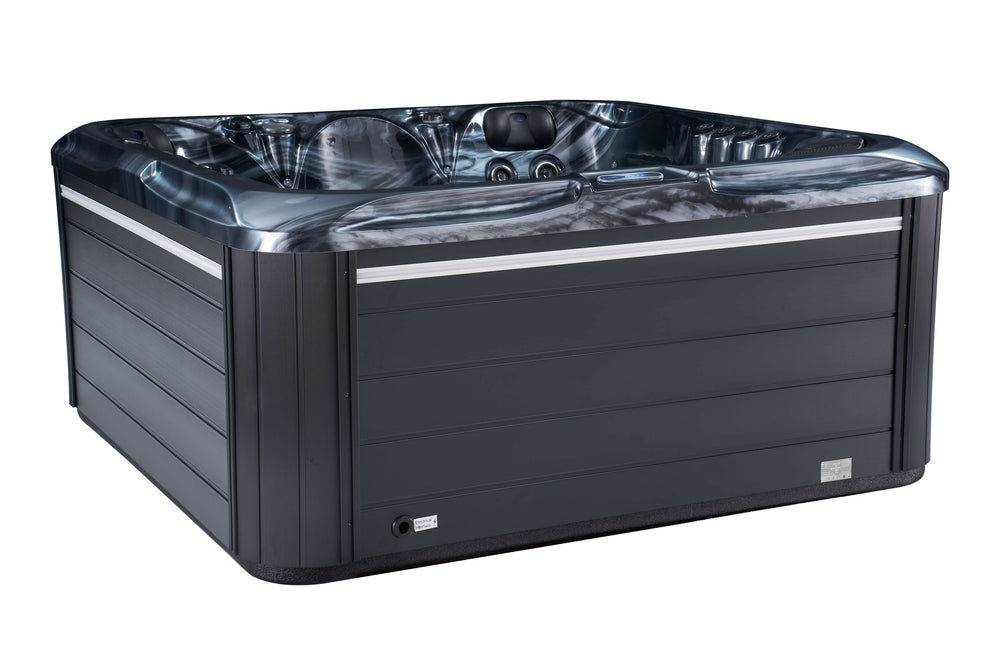 Side angle of Luso Spas The Aquarius Plug & Play Hot Tub in dark grey with marbled interior finish on a white background.