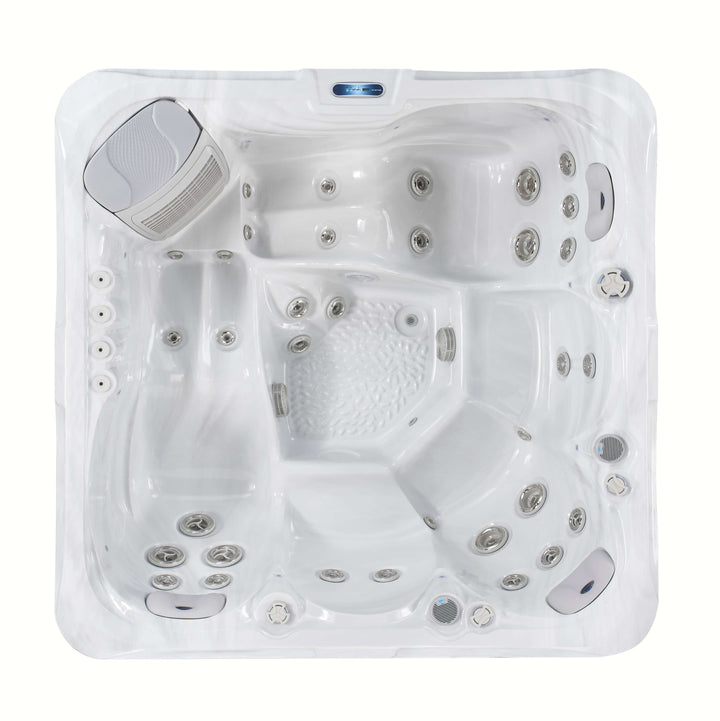 Top-down view of Luso Spas The Aquarius Plug & Play Hot Tub in white acrylic finish highlighting seating arrangement and jet layout on a white background.

