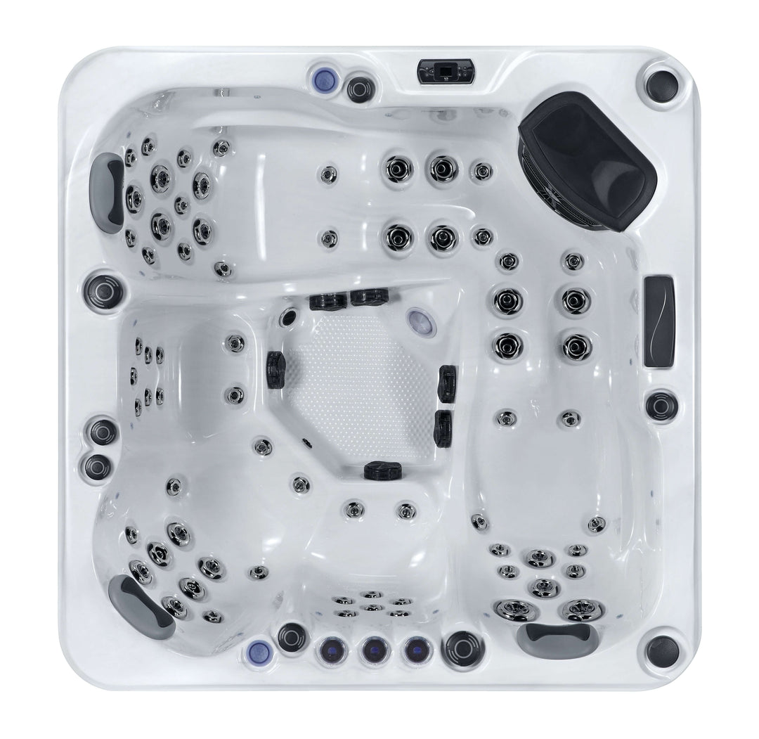 Top-down view of Luso Spas The Aspen Hot Tub showing full seating layout, jet arrangement, and controls on a white background.