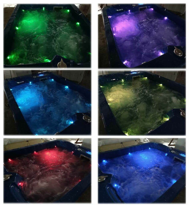 Luso Spas The Aspen Hot Tub illuminated in different LED lighting colours including green, purple, blue, red, and yellow.
