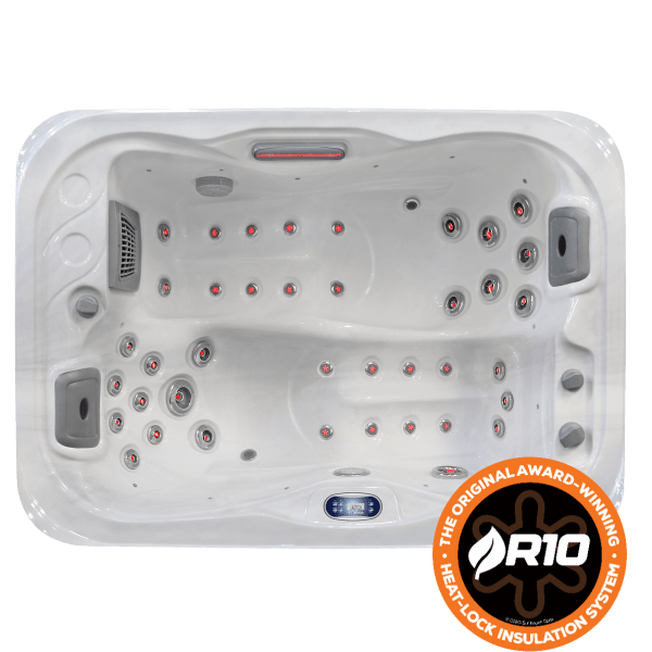 Top-down view of Luso Spas The Bali Hot Tub in white acrylic finish featuring dual reclined seating, multiple massage jets, and R10 Heat Lock Insulation System badge, on a transparent background.