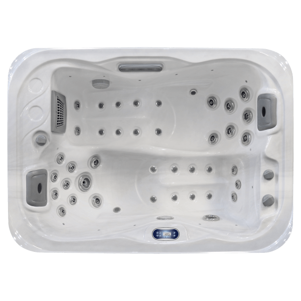 Overhead view of Luso Spas The Bali Hot Tub in white acrylic finish showing ergonomic double lounger design, hydrotherapy jets, and digital control panel, on a transparent background.