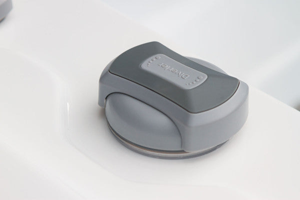 Close-up of water diverter control knob on Luso Spas The EQ360 Plug & Play Hot Tub in grey finish.