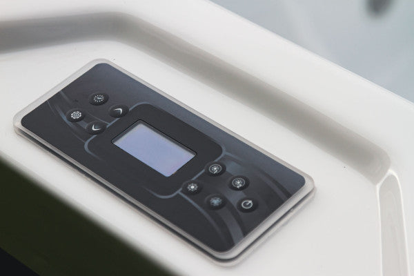 Digital control panel of Luso Spas The EQ360 Plug & Play Hot Tub showing touch buttons and display screen.