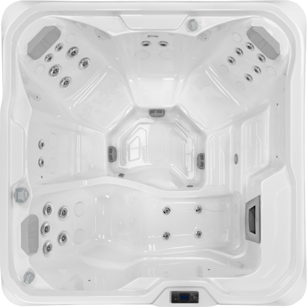 Top-down view of Luso Spas The EQ360 Plug & Play Hot Tub in white acrylic showing hydrotherapy jets, seats, and central footwell.

