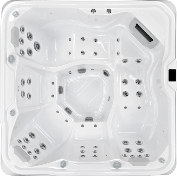Top-down view of the Luso Spas The EQ770 Hot Tub showing full seating and jet configuration.
