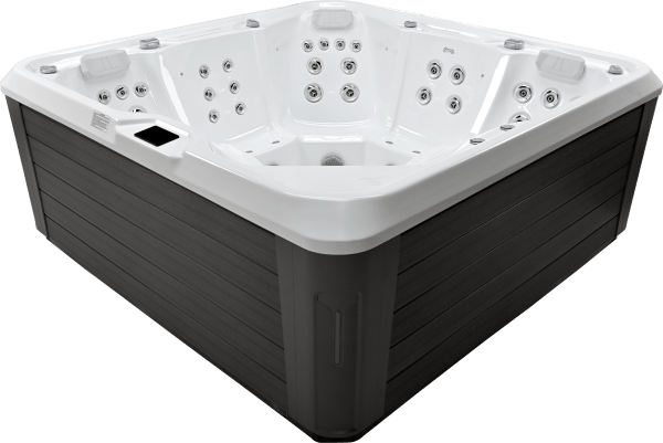 Angled view of the Luso Spas The EQ770 Hot Tub showing the entire exterior and interior with jet layout on a transparent background.