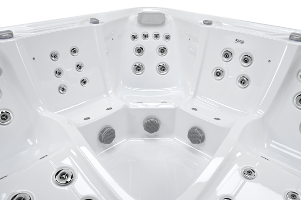 Interior view of the Luso Spas The EQ770 Hot Tub showing multiple hydrotherapy jets and seating layout on a transparent background.
