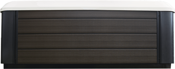 Side panel view of the Luso Spas The EQ770 Hot Tub showing the grey wood-effect cladding and white shell.