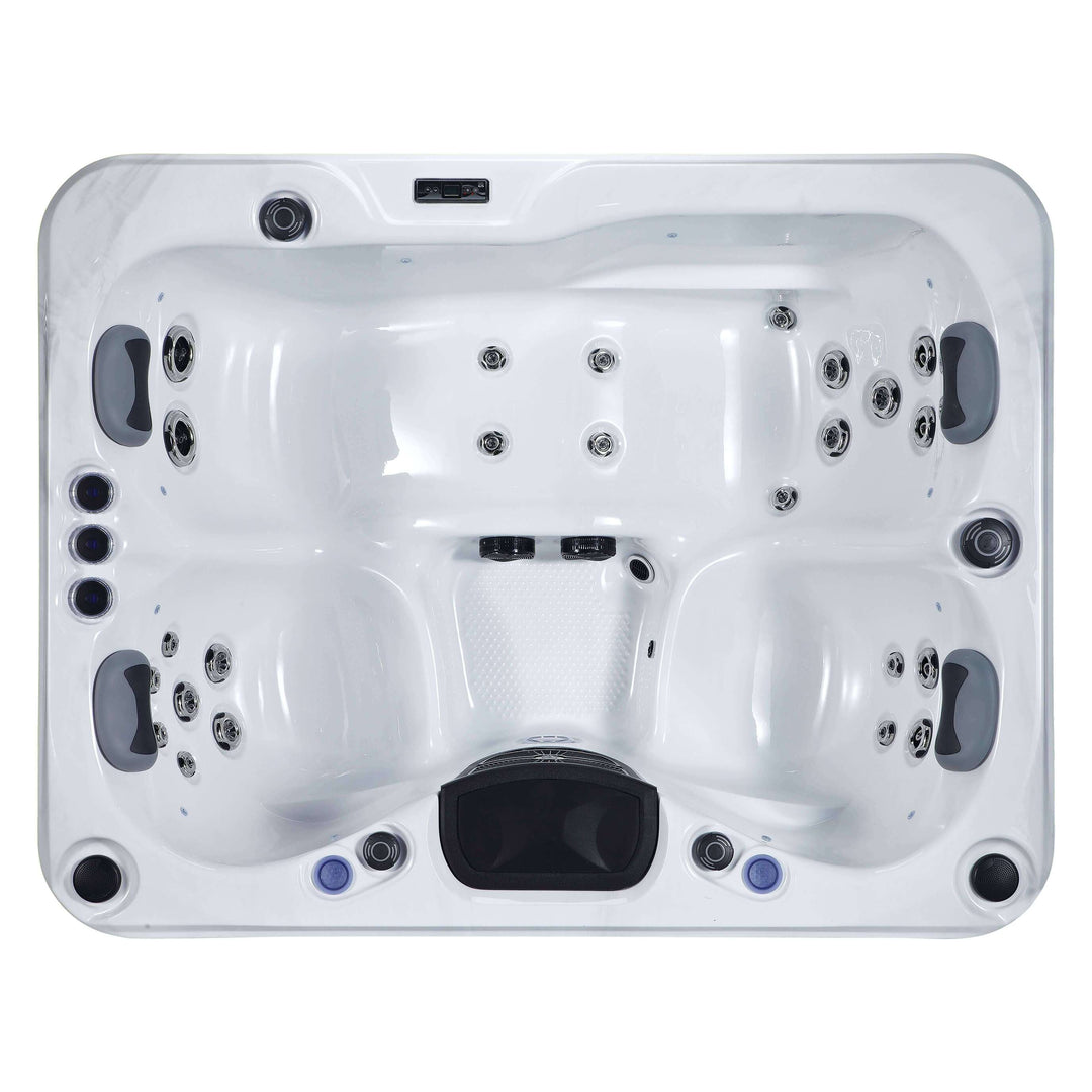 Top-down view of Luso Spas The Eden Hot Tub highlighting spacious seating and multiple massage jets on a white background.