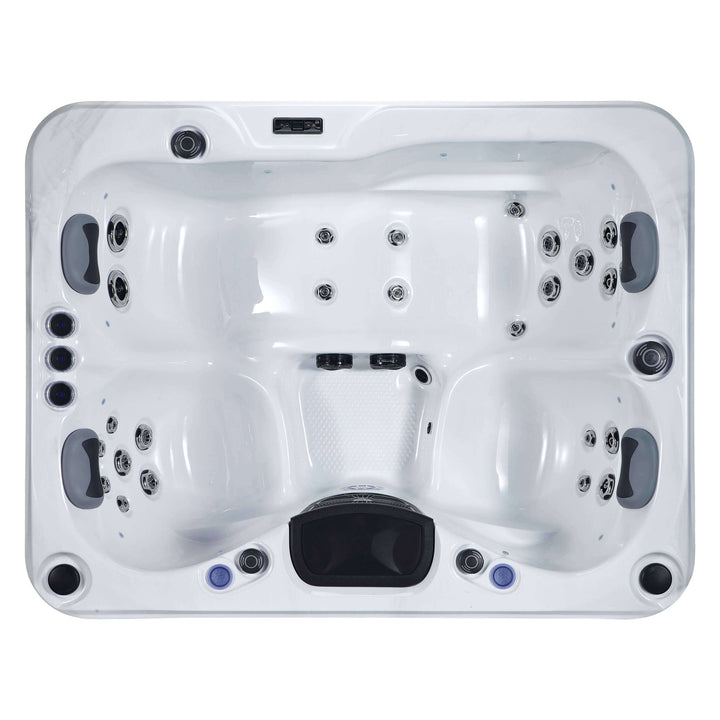 Top-down view of Luso Spas The Eden Hot Tub highlighting spacious seating and multiple massage jets on a white background.