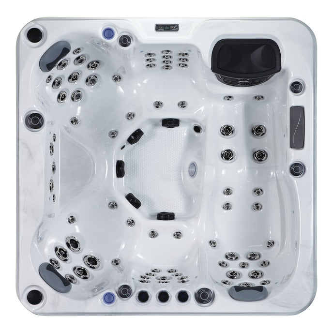 Top-down view of Luso Spas The Garda Hot Tub displaying the full seating arrangement and jet configuration on a white background.
