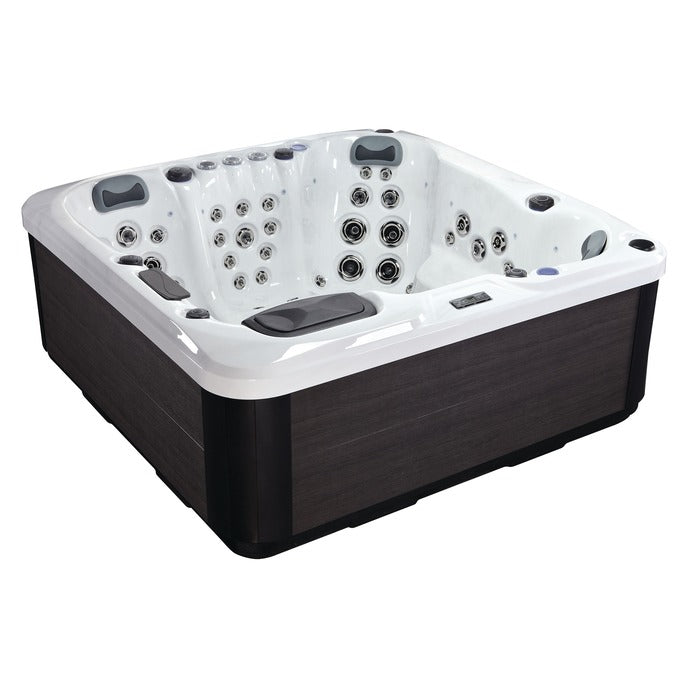 Luso Spas The Garda Hot Tub angled side view with white acrylic interior and dark wood-effect exterior panels on a white background.