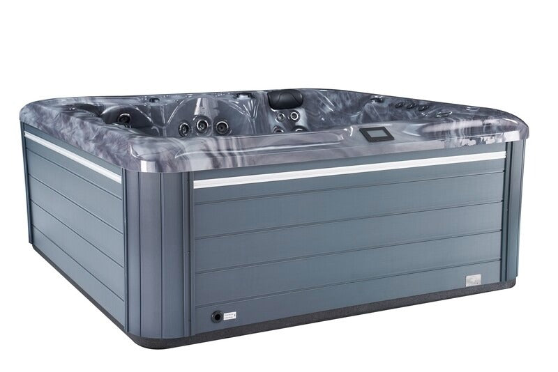 uso Spas The Hercules Hot Tub exterior angled view with grey shell and cabinet panels, on a white background.