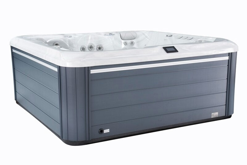Luso Spas The Hercules Hot Tub exterior angled view with white shell and grey cabinet panels, on a white background.