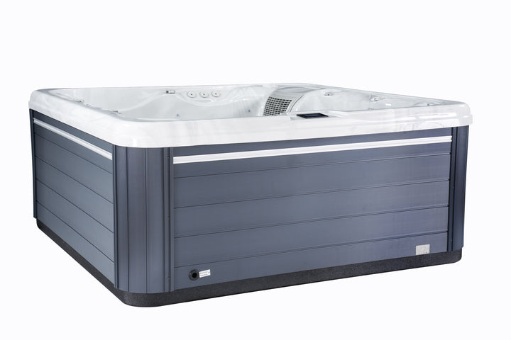 Luso Spas The Hydra Hot Tub exterior view showing blue wood-effect paneling and white acrylic shell on a white background.