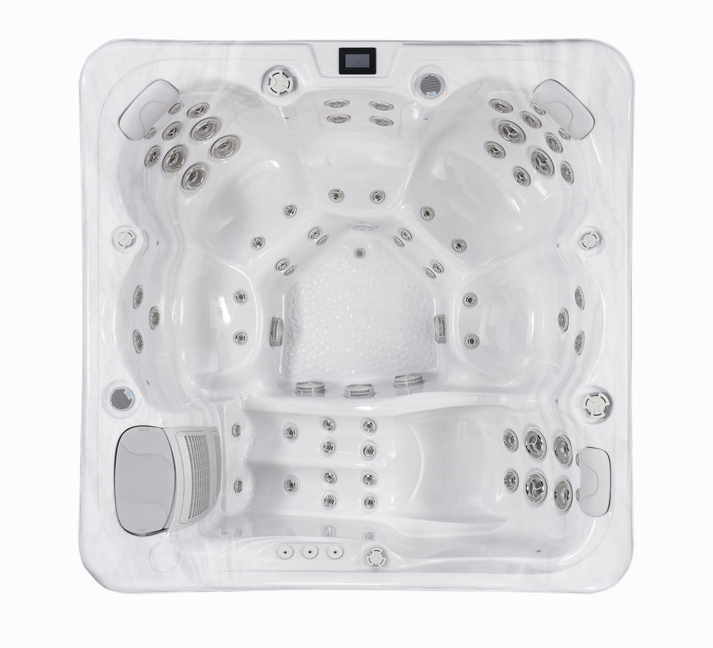 Top-down view of Luso Spas The Hydra Hot Tub displaying full jet and seating arrangement on a white background.