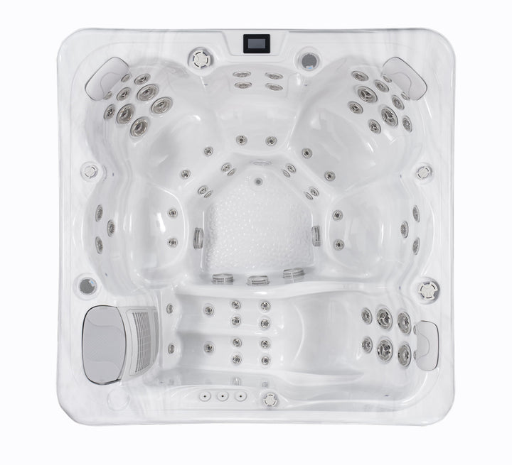 Top-down view of Luso Spas The Hydra Hot Tub displaying full jet and seating arrangement on a white background.