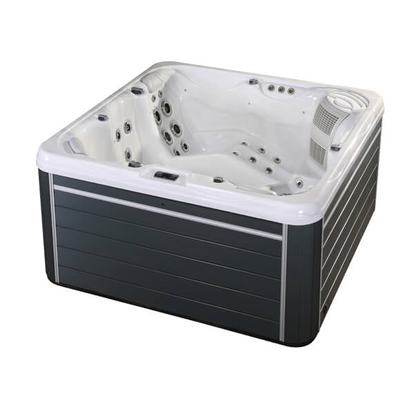 Luso Spas The Luna Hot Tub angled view with white shell and grey panels on a white background.
