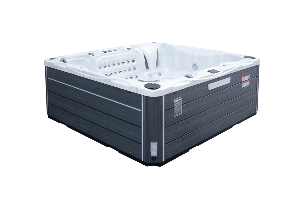Rear angled view of the Luso Spas The Maximus Hot Tub on a white background.